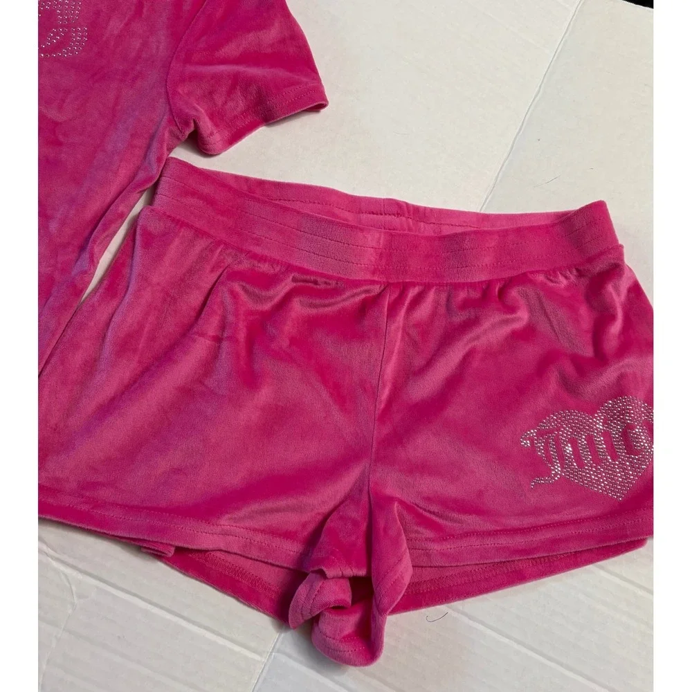 Juicy Couture Womens Hot Pink Velour Rhinestone Heart Pajama Lounge Set‎ Small